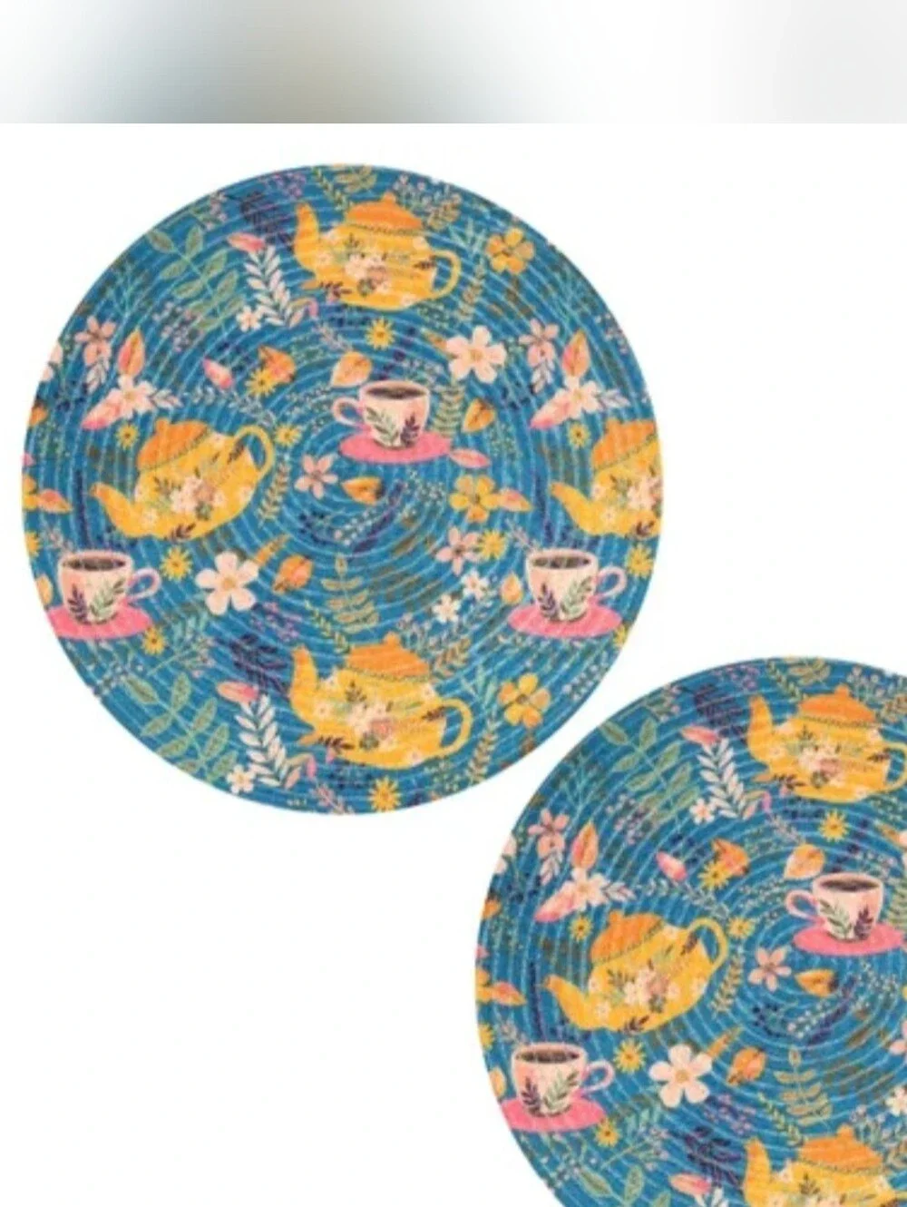 (Set of 4) Colorful Round Placemats Jute Made In India Teapot & Teacup Floral